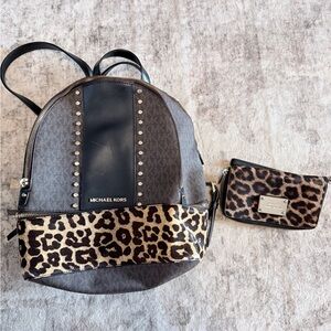 Michael Kors Black and Brown Leopard Backpack Set